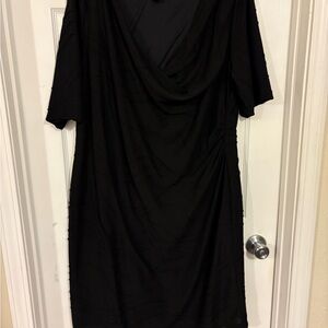 Connected Woman black cowl neck cocktail dress SS fitted sheath 20W ruching side